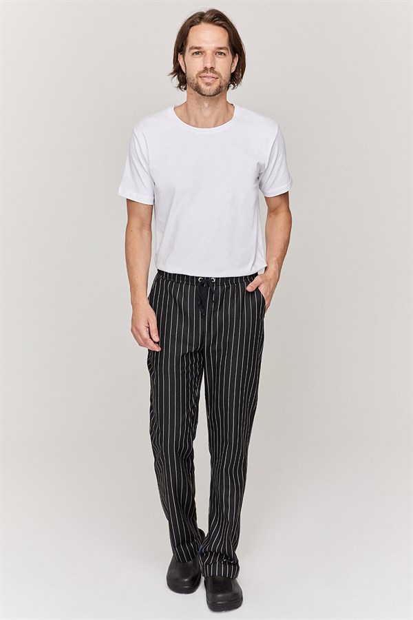 Unisex Kalın Beyaz Çizgili Siyah Aşçı Pantolon